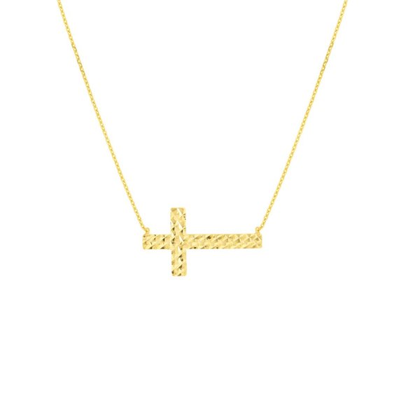 14K Solid Gold Sideways Cross Diamond Cut Necklace - Yellow, Rose, or White - Picture 1 of 13